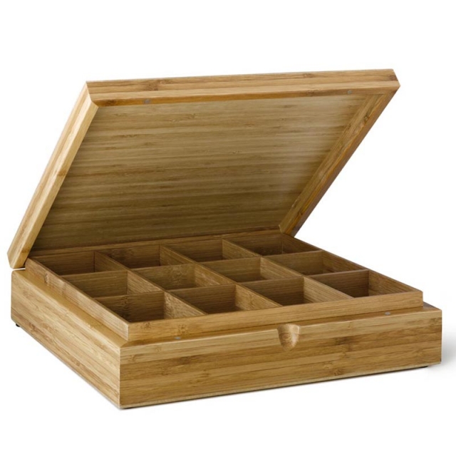 Wooden Teabag Box 12 Compartments Solid Lid - Empty (chipped corner)