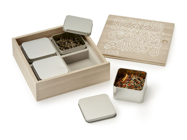 Wooden Tea Selection Box with 4 Tins - Storage for Loose Leaf Tea